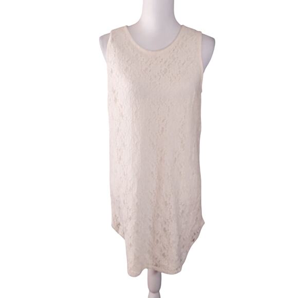 MONTEAU LOS ANGELES! CREAM STRETCH LACE OVER CREAM SHEATH SLEEVELESS DRESS! SZ L - Picture 2 of 10